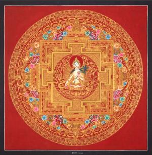 White Tara Mandala in Red |  Traditional Buddhist Art | Tibetan painting | Wall Decoration Painting